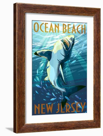 Ocean Beach, New Jersey - Great White Shark-Lantern Press-Framed Art Print