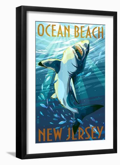 Ocean Beach, New Jersey - Great White Shark-Lantern Press-Framed Art Print