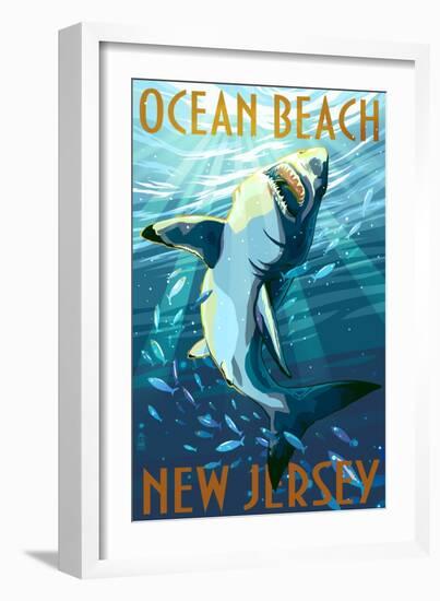 Ocean Beach, New Jersey - Great White Shark-Lantern Press-Framed Art Print