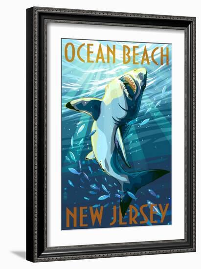 Ocean Beach, New Jersey - Great White Shark-Lantern Press-Framed Art Print