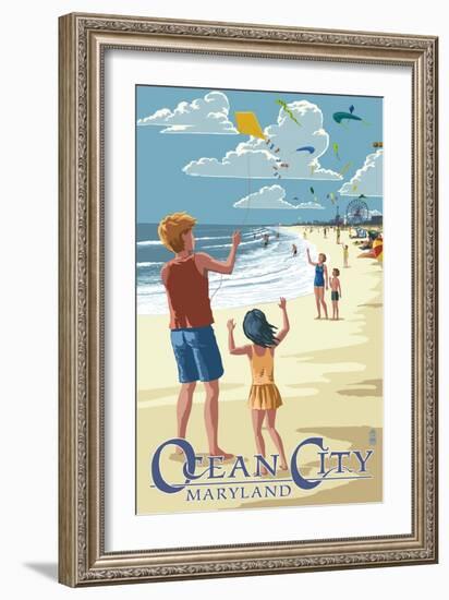 Ocean City, Maryland - Kite Flyers-Lantern Press-Framed Art Print