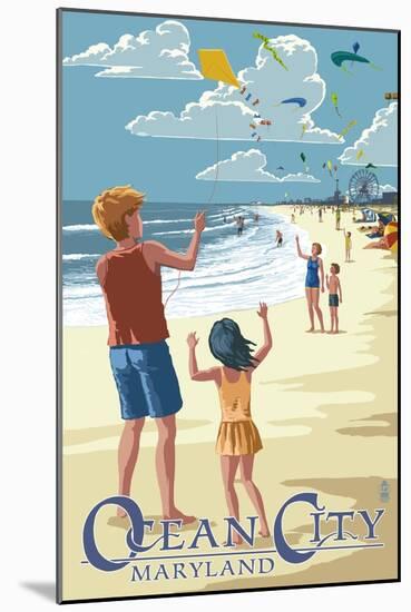Ocean City, Maryland - Kite Flyers-Lantern Press-Mounted Art Print