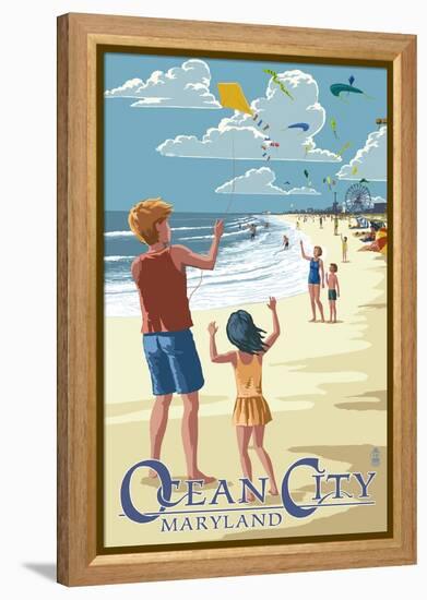 Ocean City, Maryland - Kite Flyers-Lantern Press-Framed Stretched Canvas