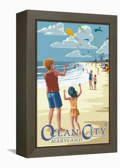 Ocean City, Maryland - Kite Flyers-Lantern Press-Framed Stretched Canvas