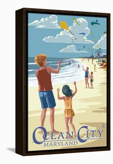 Ocean City, Maryland - Kite Flyers-Lantern Press-Framed Stretched Canvas