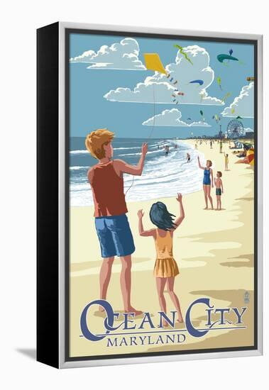 Ocean City, Maryland - Kite Flyers-Lantern Press-Framed Stretched Canvas