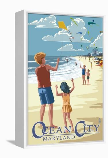 Ocean City, Maryland - Kite Flyers-Lantern Press-Framed Stretched Canvas