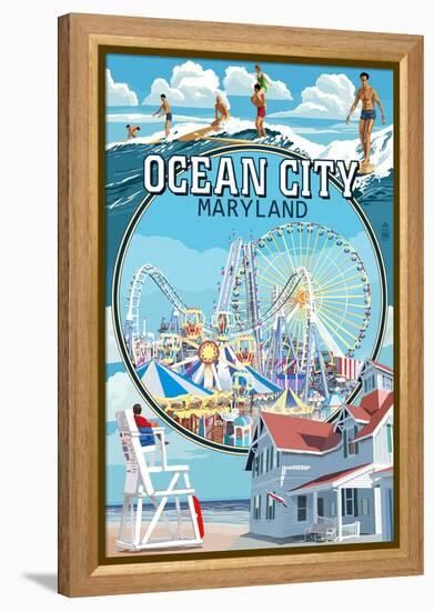 Ocean City, Maryland - Montage Scenes-Lantern Press-Framed Stretched Canvas