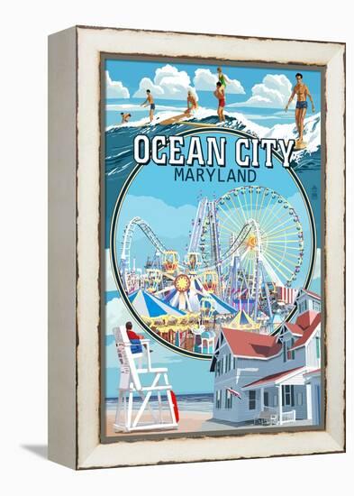 Ocean City, Maryland - Montage Scenes-Lantern Press-Framed Stretched Canvas