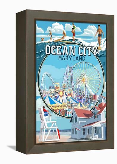 Ocean City, Maryland - Montage Scenes-Lantern Press-Framed Stretched Canvas