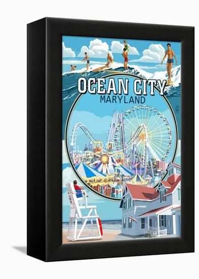 Ocean City, Maryland - Montage Scenes-Lantern Press-Framed Stretched Canvas