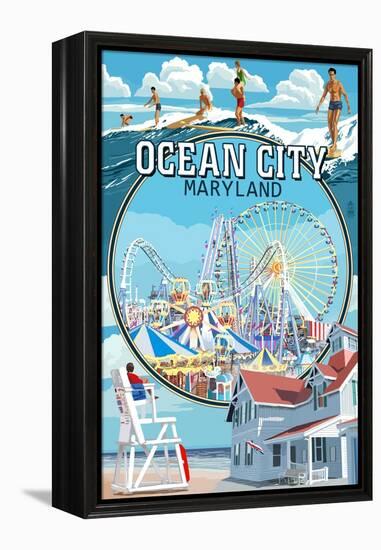 Ocean City, Maryland - Montage Scenes-Lantern Press-Framed Stretched Canvas