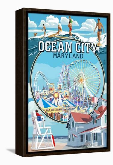 Ocean City, Maryland - Montage Scenes-Lantern Press-Framed Stretched Canvas