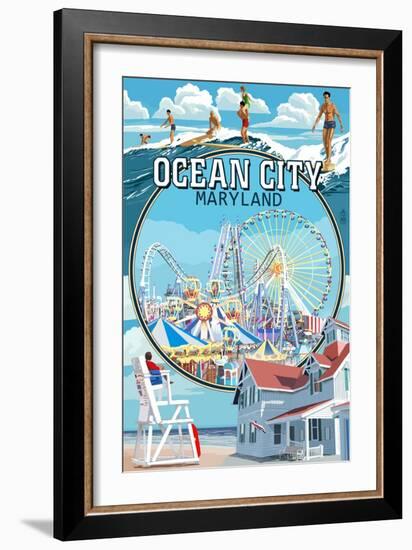 Ocean City, Maryland - Montage Scenes-Lantern Press-Framed Art Print