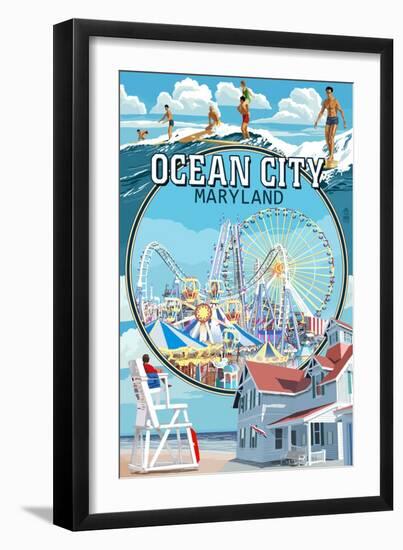 Ocean City, Maryland - Montage Scenes-Lantern Press-Framed Art Print