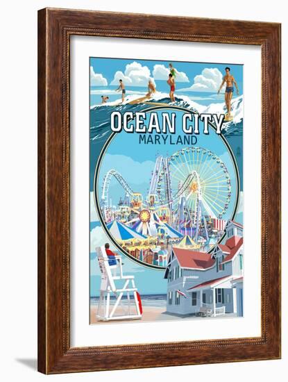 Ocean City, Maryland - Montage Scenes-Lantern Press-Framed Premium Giclee Print