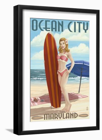 Ocean City, Maryland - Surfer Pinup Girl-Lantern Press-Framed Art Print