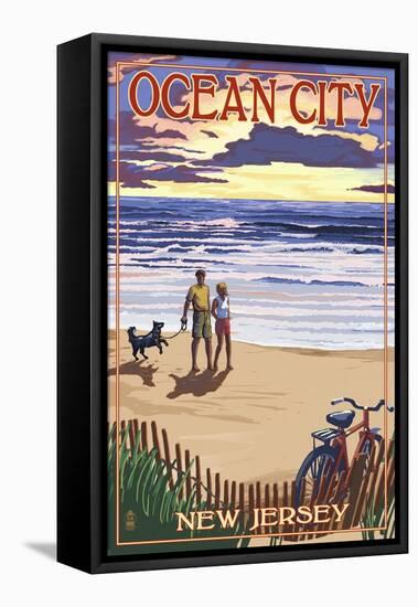 Ocean City, New Jersey - Beach and Sunset-Lantern Press-Framed Stretched Canvas