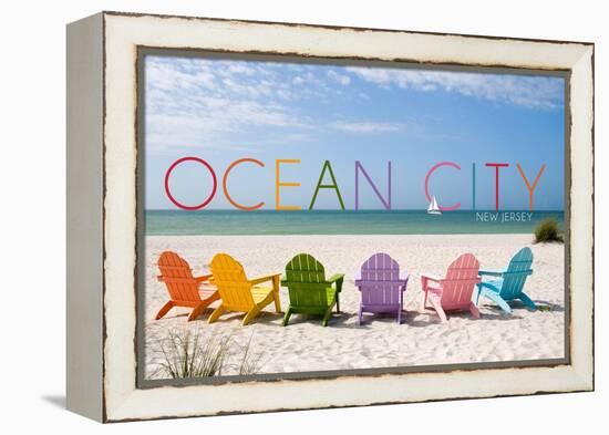 Ocean City, New Jersey - Colorful Beach Chairs-Lantern Press-Framed Stretched Canvas