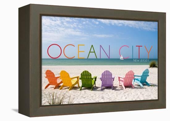 Ocean City, New Jersey - Colorful Beach Chairs-Lantern Press-Framed Stretched Canvas