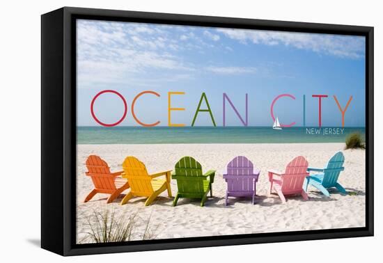 Ocean City, New Jersey - Colorful Beach Chairs-Lantern Press-Framed Stretched Canvas