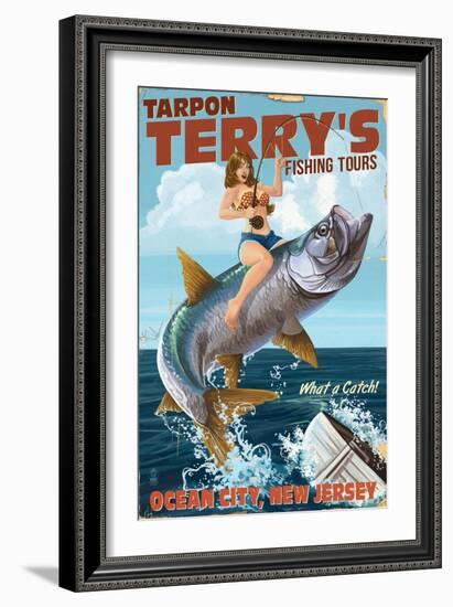 Ocean City, New Jersey - Deep Sea Fishing Pinup Girl-Lantern Press-Framed Art Print