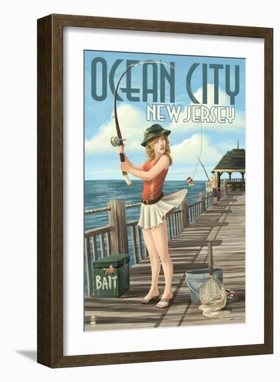 Ocean City, New Jersey - Fishing Pinup Girl-Lantern Press-Framed Art Print