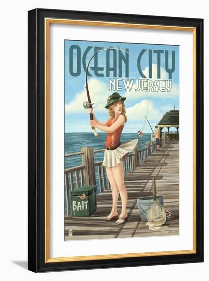 Ocean City, New Jersey - Fishing Pinup Girl-Lantern Press-Framed Art Print