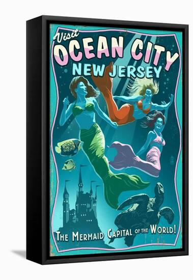 Ocean City, New Jersey - Mermaids Vintage Sign-Lantern Press-Framed Stretched Canvas