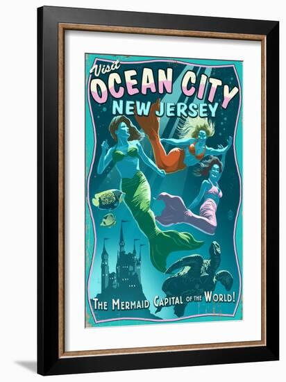 Ocean City, New Jersey - Mermaids Vintage Sign-Lantern Press-Framed Art Print