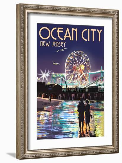 Ocean City, New Jersey - Pier and Rides at Night-Lantern Press-Framed Art Print