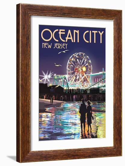 Ocean City, New Jersey - Pier and Rides at Night-Lantern Press-Framed Art Print