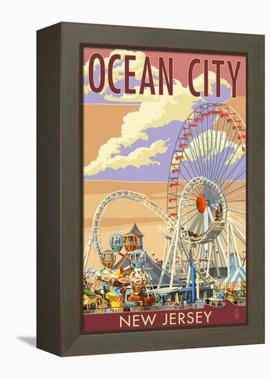 Ocean City, New Jersey - Pier and Sunset-Lantern Press-Framed Stretched Canvas