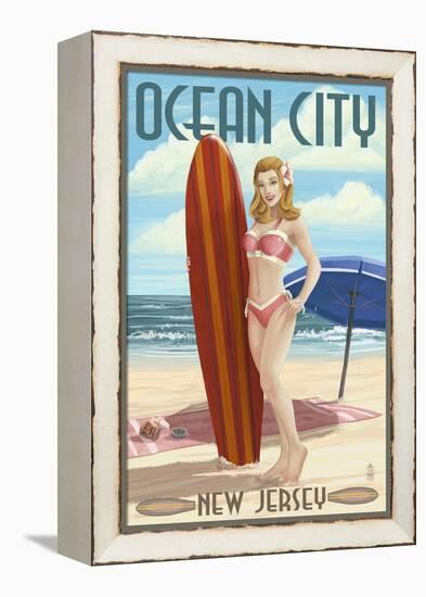 Ocean City, New Jersey - Surfing Pinup Girl-Lantern Press-Framed Stretched Canvas