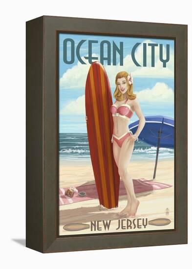 Ocean City, New Jersey - Surfing Pinup Girl-Lantern Press-Framed Stretched Canvas