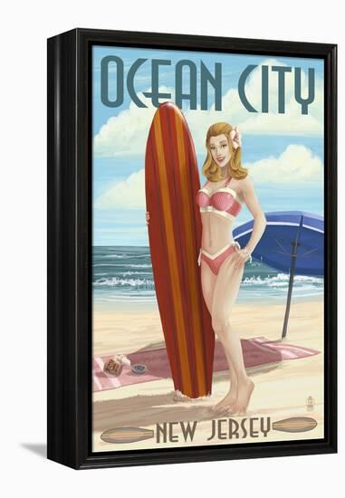 Ocean City, New Jersey - Surfing Pinup Girl-Lantern Press-Framed Stretched Canvas