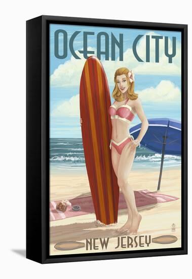 Ocean City, New Jersey - Surfing Pinup Girl-Lantern Press-Framed Stretched Canvas