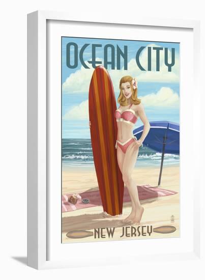 Ocean City, New Jersey - Surfing Pinup Girl-Lantern Press-Framed Art Print