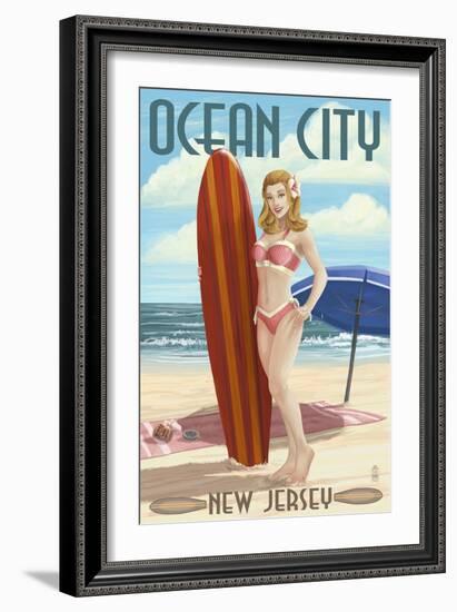 Ocean City, New Jersey - Surfing Pinup Girl-Lantern Press-Framed Art Print