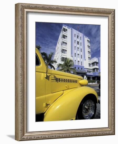 Ocean Drive with Classic Hot Rod, South Beach, Miami, Florida, USA-Robin Hill-Framed Photographic Print