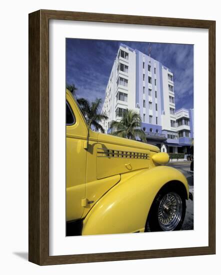 Ocean Drive with Classic Hot Rod, South Beach, Miami, Florida, USA-Robin Hill-Framed Photographic Print