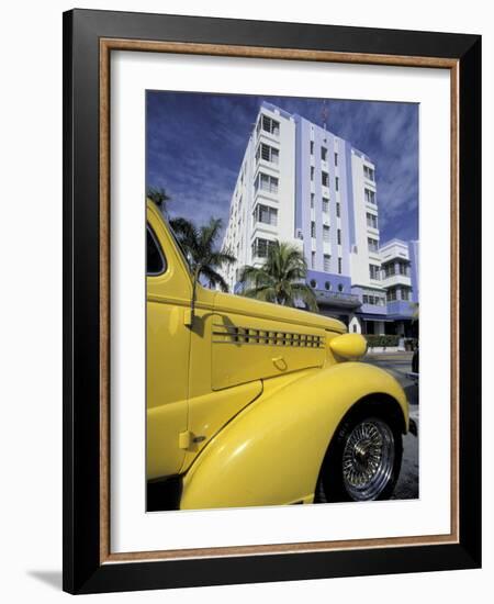 Ocean Drive with Classic Hot Rod, South Beach, Miami, Florida, USA-Robin Hill-Framed Photographic Print