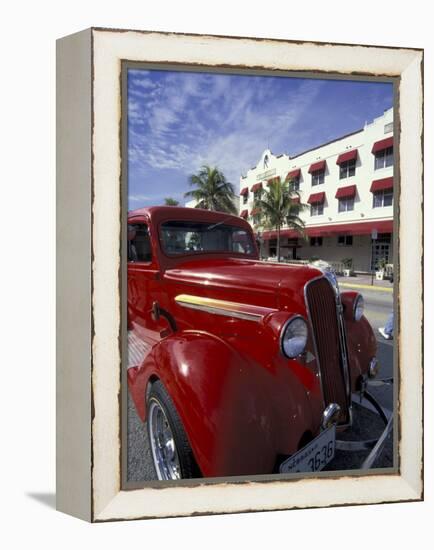 Ocean Drive with Classic Hot Rod, South Beach, Miami, Florida, USA-Robin Hill-Framed Premier Image Canvas