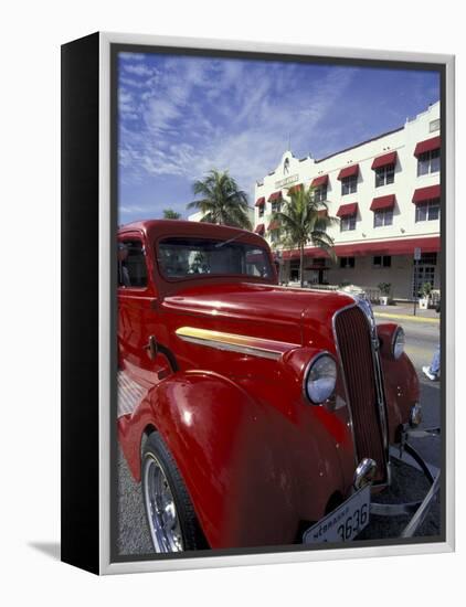 Ocean Drive with Classic Hot Rod, South Beach, Miami, Florida, USA-Robin Hill-Framed Premier Image Canvas