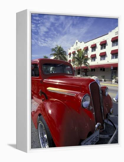 Ocean Drive with Classic Hot Rod, South Beach, Miami, Florida, USA-Robin Hill-Framed Premier Image Canvas