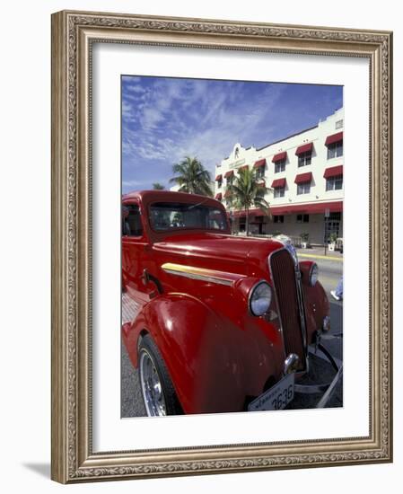 Ocean Drive with Classic Hot Rod, South Beach, Miami, Florida, USA-Robin Hill-Framed Photographic Print