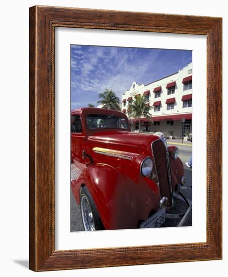 Ocean Drive with Classic Hot Rod, South Beach, Miami, Florida, USA-Robin Hill-Framed Photographic Print