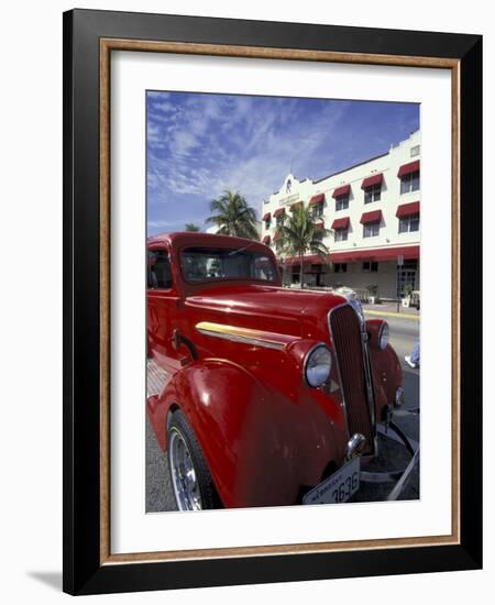 Ocean Drive with Classic Hot Rod, South Beach, Miami, Florida, USA-Robin Hill-Framed Photographic Print