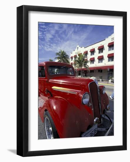 Ocean Drive with Classic Hot Rod, South Beach, Miami, Florida, USA-Robin Hill-Framed Photographic Print