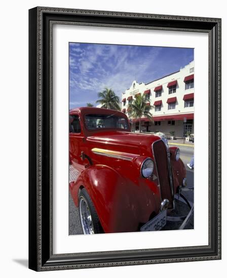 Ocean Drive with Classic Hot Rod, South Beach, Miami, Florida, USA-Robin Hill-Framed Photographic Print